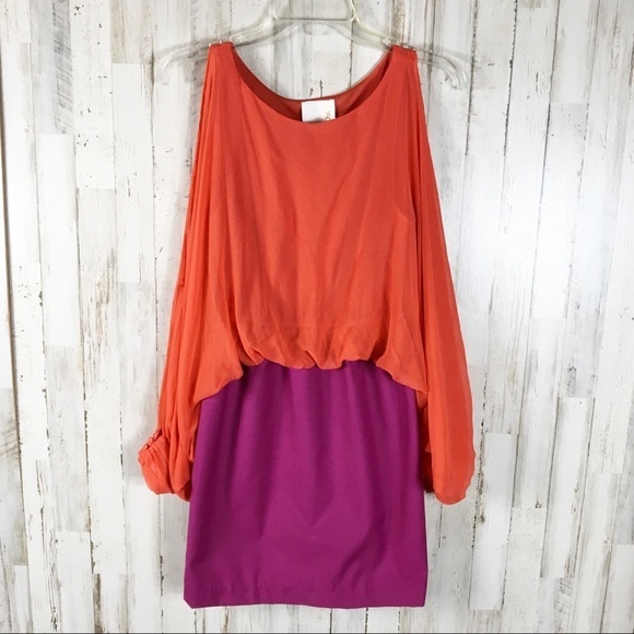 Line & Dot Silk Colorblock Batwing Dress Purple S - Picture 1 of 6
